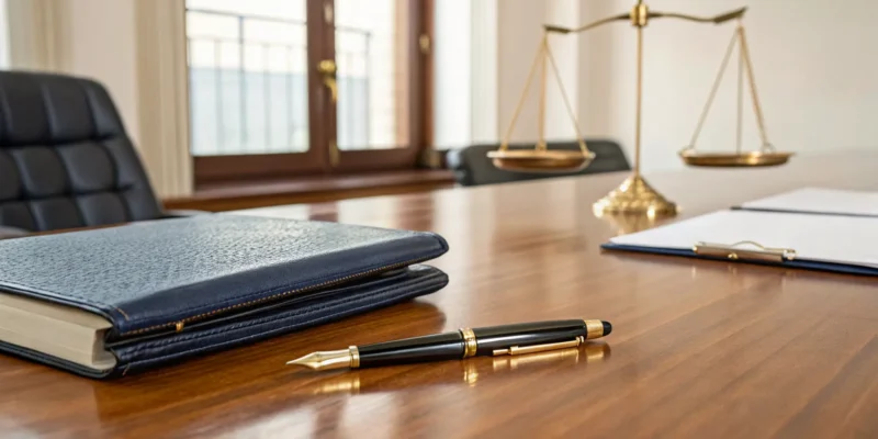 Desk of a wills, trusts, and estates attorney with scales of justice and legal documents.