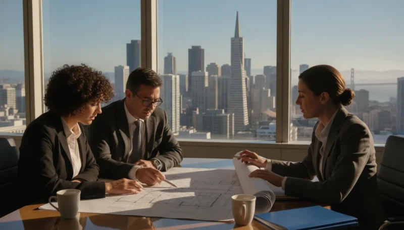 Two business owners reviewing documents with a legal advisor in a San Francisco office
