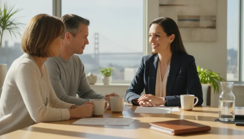 A financial and estate advisor meeting with a couple at a bright table in a modern San Francisco office